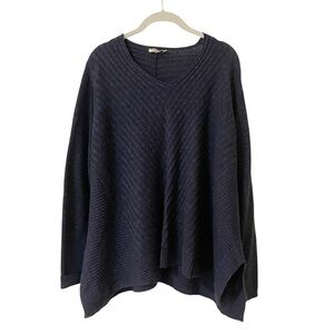 Eileen Fisher Navy Blue Textured Knit V-Neck Sweater Small Ribbed Linen Blend